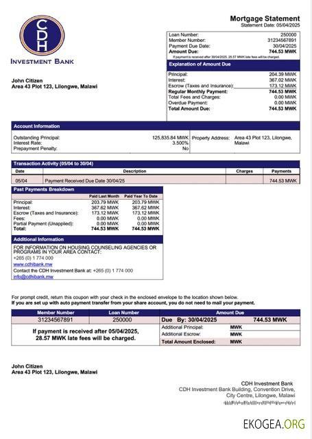 Modèle Word et PDF de relevé hypothécaire de la CDH Investment Bank du Malawi